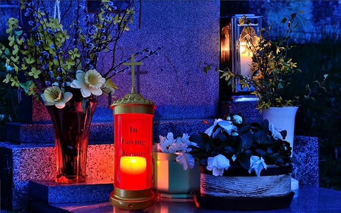Generic Gravesite Decorations for Cemetery with Eternal Light Memorial Lanterns for Halloween Candle Light Decorations with Stakes and Cross