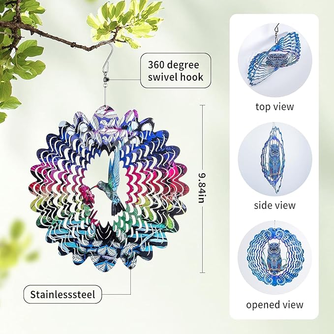 Hummingbird Hanging Wind Spinners - Outdoor Hummingbird Decor Gift for Women Mom Grandma Metal 3D Wind Spinner for Yard Garden Decor Funny Christmas Decoration Gifts Ideas