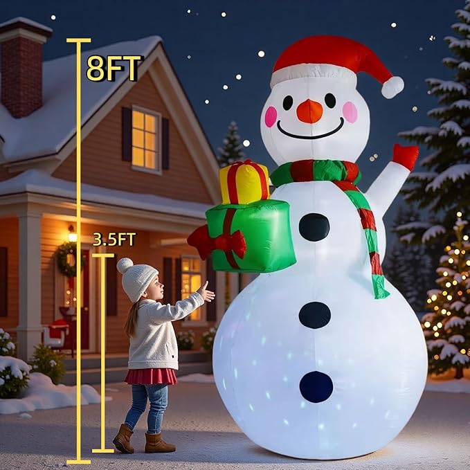 8FT Christmas Inflatable Outdoor Decoration Christmas Snowman with Gift Boxes Built-in Colored Lights & LED Lights Suitable for Yard, Lawn, Outdoor Holiday Party Decorations、