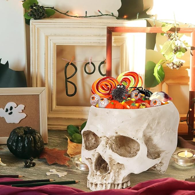 Skull Planter Pot for Plants - Realistic Human Skull Head Flower Pot, Halloween/Gothic Décor, Resin Planter for Succulents, Bonsai, Cactus, Home Bar, Desk, Spooky Gift Idea (Antique White)