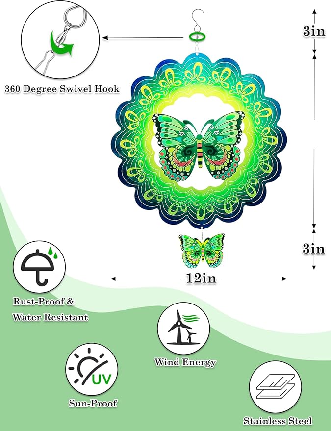 Butterfly Wind Spinner-3D Metal Hanging Wind Spinners, Perfect Ornament Gifts for Women/Men, 12 Inch Spinfinity Wind Spinner for Outdoor & Indoor Decorations, Yard Art, Garden Decoration