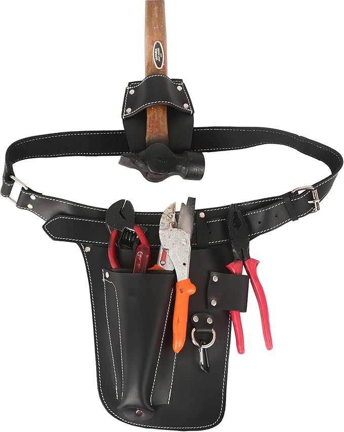 Handmade Full Grain Genuine Leather Florist Tool Belt for Construction, Gardening, Electrician - Waist Pouch with Pockets (Black)