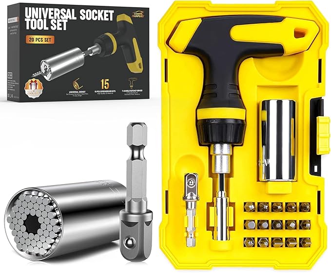 HANPURE Stocking Stuffers for Men & Women - Cool Stuff Magnetic Ratchet Screwdriver Set with Power Drill Adapter - Super Universal Socket Grip Gadgets for Him & Her
