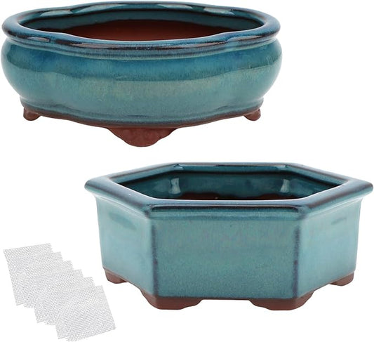 Bonsai Planter 5.7" 6" Small Succulent Glazed Pots Set of 2 + 6 Soft Mesh Drainage Screens