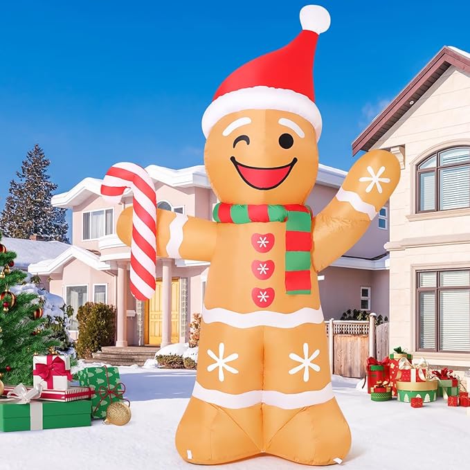 COMIN 7.8 FT Christmas Inflatables Outdoor Decorations Inflatable Gingerbread Man Wave Hands Blow Ups with Built-in LEDs for Yard Party Lawn Decor