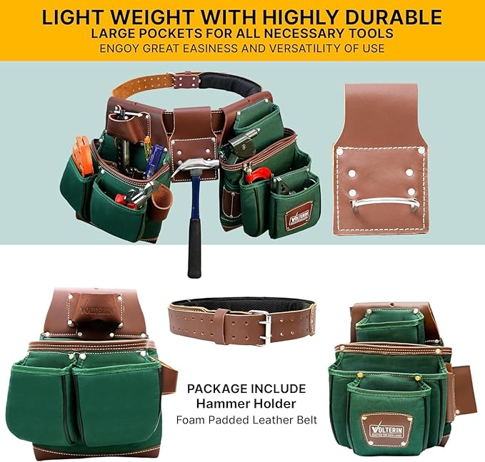 Leather & Nylon Tool Belt for Men – Heavy Duty 22-Pocket Framer’s Tool Bag for Carpenters & Electricians (Green, One Size)