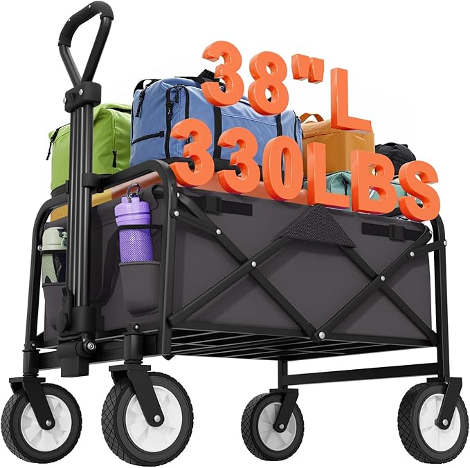 PayLessHere | Collapsible Wagon Cart with Wheels | Gray | Heavy Duty Foldable Utility Cart with 330 lb Capacity | with All-Terrain Wheels & Adjustable Handle for Outdoor, Garden, Beach, Shopping