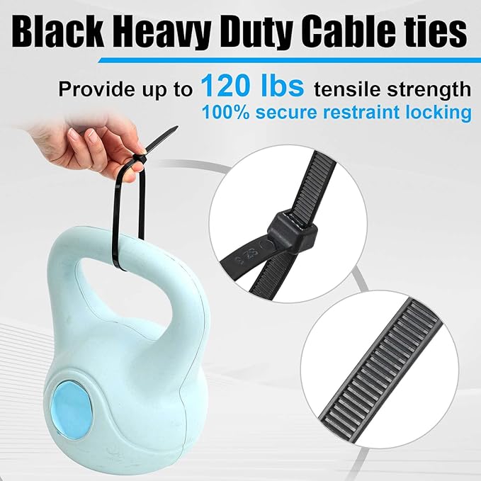 500 Pcs 12 Inch Zip Ties Heavy Duty 120 Lbs Tensile Strength Black Nylon Wire Cable Ties Bulk for Indoor Outdoor