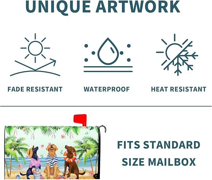 Summer Dogs Magnetic Mailbox Cover 25.5x21Inch Funny Tropical Beach Coastal Puppy Waterproof Mailbox Wrap Letter Post Cover Large Size for Garden Yard Outdoor Season Outside Decor