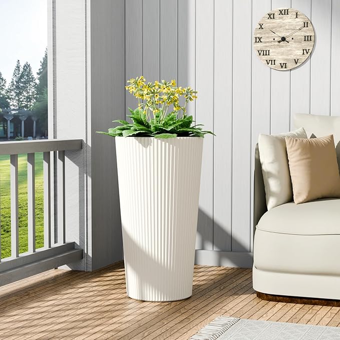 23.6" Tall Outdoor Planters, Set of 2 Large Plastic Flower Pots for Indoor & Outdoor Use, Modern Striped Decorative Garden Planters with Drainage Holes for Patio, Porch, Balcony, White