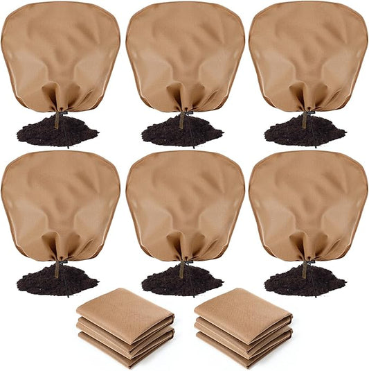 6 Pcs Winter Plant Covers Freeze Protection Reusable Plant Protector Bag with Drawstring Warm Shrubs Cover Frost Protection Planting Jacket Bags for Outdoor Garden, Brown (39.4 x 39.4 Inch)