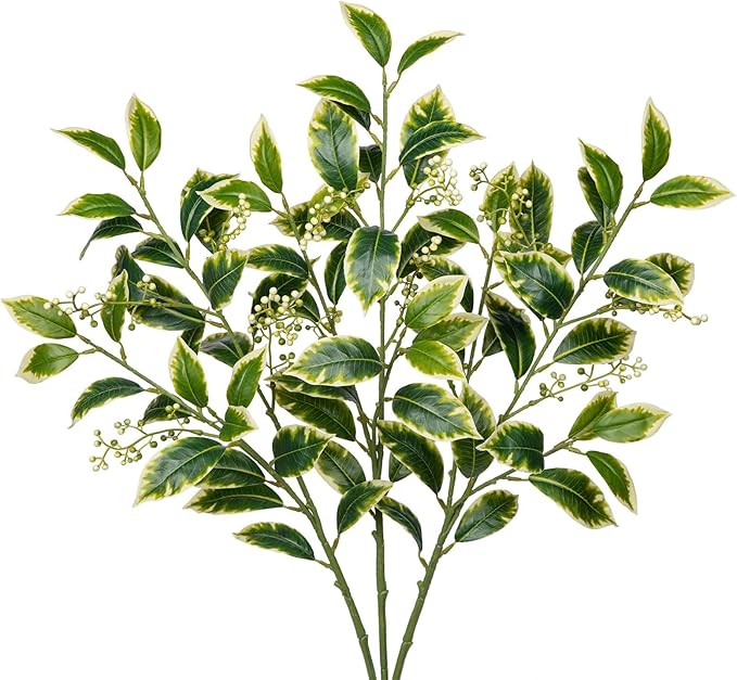 31.1" Artificial Ficus Branches Fake Leaf Stem with Seeds 3Pcs Long Faux Green Eucalyptus Branches Fake Plants for Home Bedroom Office Wedding Vase Table Centerpiece Decor