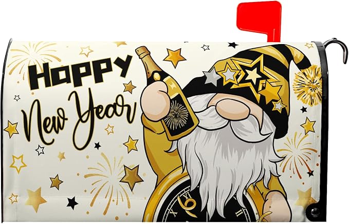 Happy New Year Mailbox Covers Magnetic Standard Size 21x18 Inch Dwarf Black Gold Decorations Mailbox Cover for Outdoor Garden Yard Decor