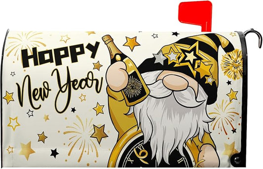 Happy New Year Mailbox Covers Magnetic Standard Size 21x18 Inch Dwarf Black Gold Decorations Mailbox Cover for Outdoor Garden Yard Decor