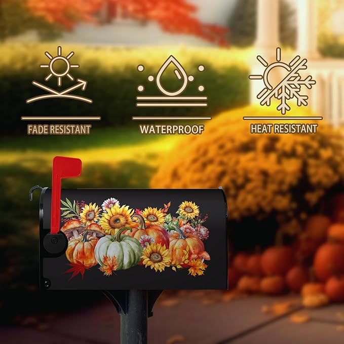 Fall Magnetic Large Size Thanksgiving Pumpkin Mailbox Cover With Maple Leaves - Waterproof Decor Flower Wraps for Garden Oversize 25.5 x 21 Inch