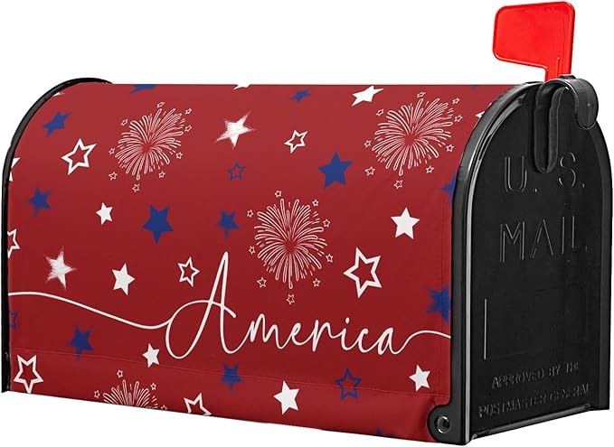 4th of July Mailbox Cover Magnetic 25.5"x21" Patriotic America Stars Fireworks Decorative Mailbox Wrap Independence Day Letter Post Cover Large Size for Garden Yard Outdoor