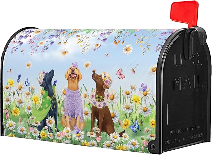 Spring Dog Mailbox Cover with Magnetic 25.5x21Inch Colorful Wildflower Butterfly Puppy Waterproof Mailbox Wrap Letter Post Cover Large Size for Garden Yard Outdoor Season Outside Decor