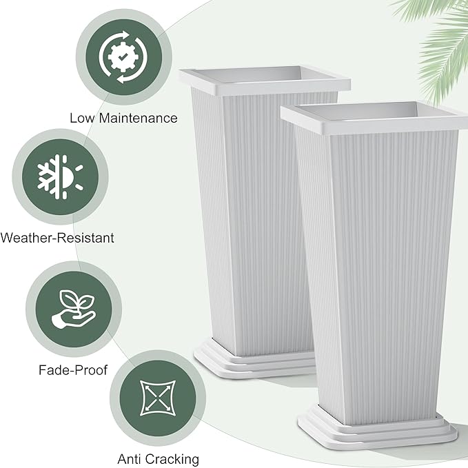 Tall Planters Set of 2, Large Indoor Outdoor Flower Pots with Tray Modern Tapered Planter for Patio, Garden, Porch, Backyard (White Ribbed 24")