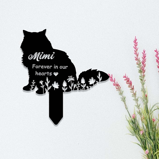 Custom Fluffy Cat Memorial Metal Sign - Long Haired Cat Grave Stake Marker - Personalized Loss of Pet Remembrance Gift