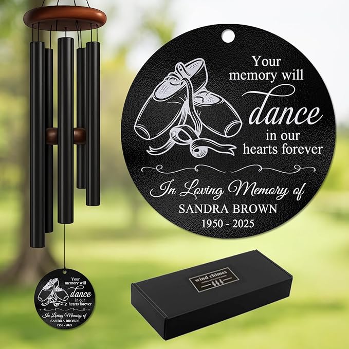 Personalized Dancer Memorial Wind Chime – “Your Memory Will Dance in Our Hearts Forever” Custom Engraved Name & Years – Sympathy Gift for Dance Lovers – Memorial Windchime Tribute Keepsake for Loss