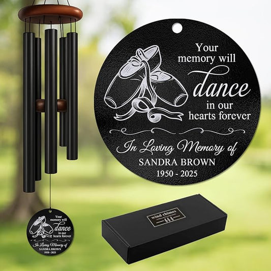 Personalized Dancer Memorial Wind Chime – “Your Memory Will Dance in Our Hearts Forever” Custom Engraved Name & Years – Sympathy Gift for Dance Lovers – Memorial Windchime Tribute Keepsake for Loss