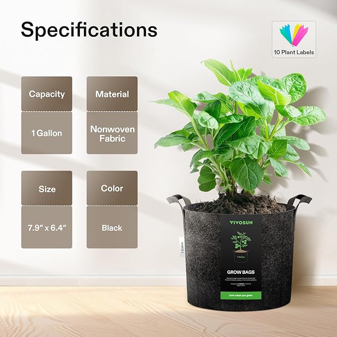 VIVOSUN 10-Pack 1 Gallon Grow Bags, Reinforced Planter Fabric Pots for Gardening Black