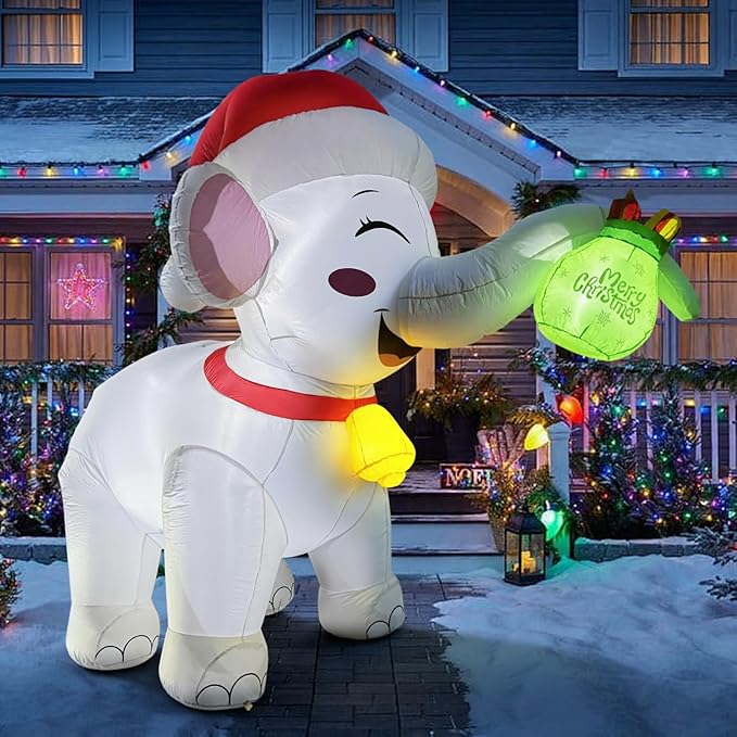 11FT Long Christmas Inflatables White Elephant with Gift Box, Christmas Blow Ups White Elephant Gift Exchange Theme Decoration, Built-in LEDs for Holiday Party Garden Lawn Yard Patio Outdoor