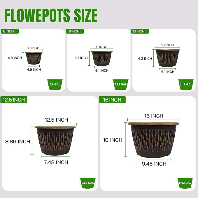 4 Pack 16 Inch Retro Plant Pots, Vintage Striped Flower Pots with Drainage Hole & Saucer, Large Plastic Planters for Indoor and Outdoor Plants, Decorative Garden Pots(Gold)