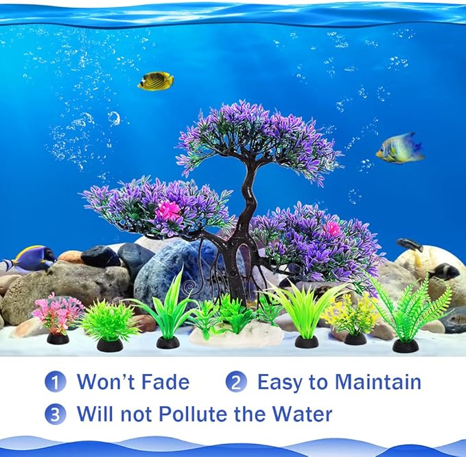 Fish Tank Aquarium Decorations Artificial Plastic Plants Bonsai Tree with Small Aquarium Decorations Kit (Purple 2)