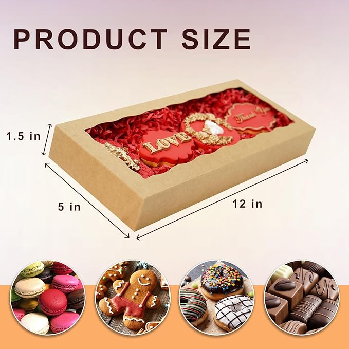 5pcs Cookie Boxes 12 x 5 x 1.5 Inch Bakery Boxes with window Chocolate Covered Strawberries Box for Christmas Valentine's Mother's Day- Brown