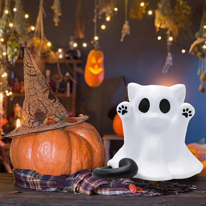 1 Pcs Halloween Ghost Figurine Cute Spooky Unique Cat Design Cartoon Mini Figurines Desk Ornament Decorations Indoor for Halloween Decor Home Table Bedroom Office Desktop Display Ornaments