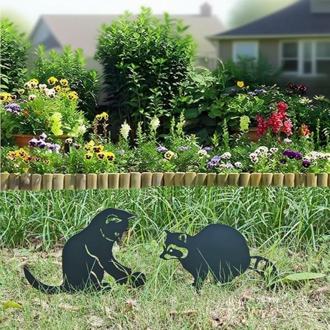 2 Pack Black Cat & Raccoon Garden Stakes, Metal Yard Art for Outside, Decorative Silhouette Statues for Garden, Lawn, Patio, Cute Outdoor Animal Ornaments (Cats and Raccoons)