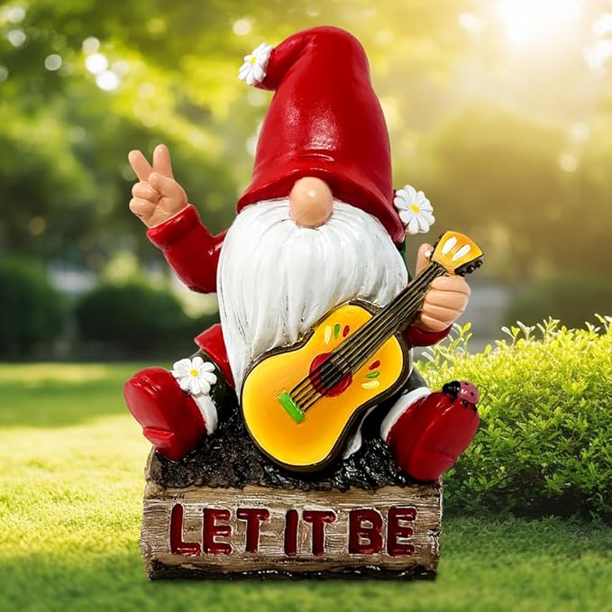 OrnamentallyYou Hippy Gnome with Guitar Garden Statue, Unique Flowers and Peace Sign