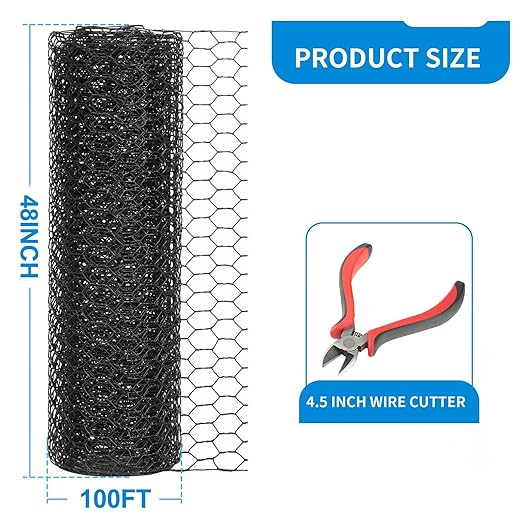 1/2 Inch Black Wire Mesh Roll - 48'' x 100' Chicken Wire Fence, 21 Gauge Hardware Cloth Poultry Netting for Garden/Animal Barrier/Rabbit/Floral/Chicken Coop/DIY Projects
