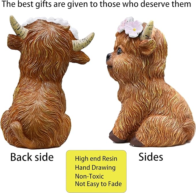 Highland Cows Themed Gifts for Women,Cute and Cozy Resin Yak Figurine with Floral Crown - Perfect Rustic Home Decor Accent