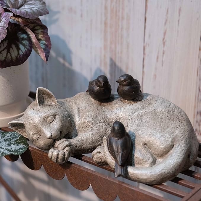 Comfy Hour Loving Memory Collection 12" Length Garden Accent Decorative Sparrows On Cat Figurine, Polyresin Statue Stone Looking