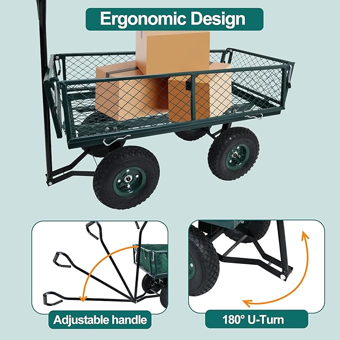 Elevon Utility Wagon Cart, Green | 10" Wheels & Removable Sides for Easy Yard Cleanup, Gardening, and Grocery Shopping