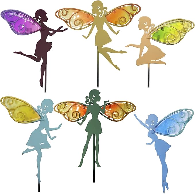 Fairy Garden Stakes Decorative Metal Glass Fairy Decor Outdoor Figurines for Outside Garden Yard Lawn Supplies Home Decor, Set of 6