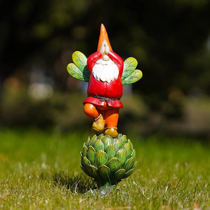 Topadorn Vegetable Garden Prayer Gnome on Green Plant, Hand-Painted Outdoor Statue for Yard & Patio, Idea