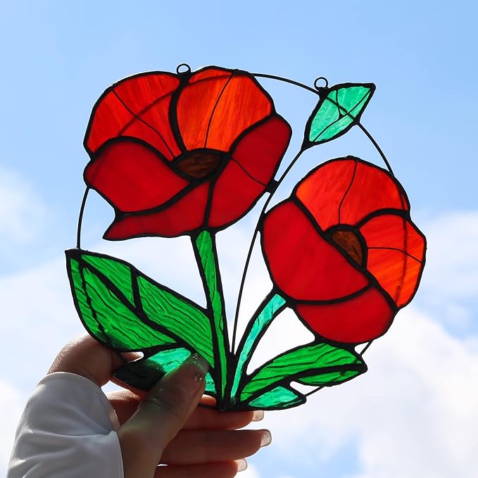 Red Flowers Stained Glass Window Hanging,Artificial Poppy Flower Suncatcher Wall Art Decor,Red Poppy Modern Artwork Hanging Decorations for Bedroom Living Room,Memorial Gift