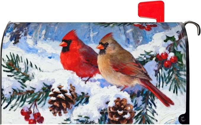 Winter Christmas Cardinal Mailbox Covers Magnetic Standard Size Pinecone Holly Twig Bird Snow Scene Holiday Outdoor Decorative Seasonal Letter Box Cases for Home Garden Outside Decor, 21x18 Inch