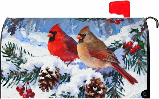 Winter Christmas Cardinal Large Mailbox Covers Magnetic OversizedPinecone Holly Twig Bird Snow Scene Holiday Outdoor Decorative Seasonal Letter Box Cases for Home Garden Outside Decor, 25.5x21 Inch