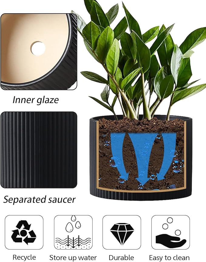 Matte Black Ceramic Plant Pots, 8.1 + 6 Inch Planters for Indoor Plants, Modern Flower Pots with Drainage, Two-Sizes Set