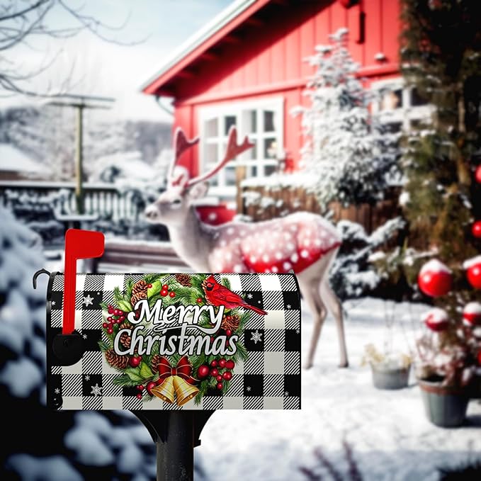 Merry Christmas Mailbox Covers Magnetic Standard Size Winter Buffalo Plaid Mailbox Post Cover Xmas Snowflake Mailbox Wraps Holiday Decor Waterproof 21 X18 Inch