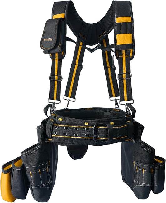 MELOTOUGH 28-Pocket Pro Framer's rig Combo Apron Tool Belt and Heavy Duty Padded Suspenders with Magnetic Desinger for Technician/Carpenter/and Electrician's Tools（Yellow)