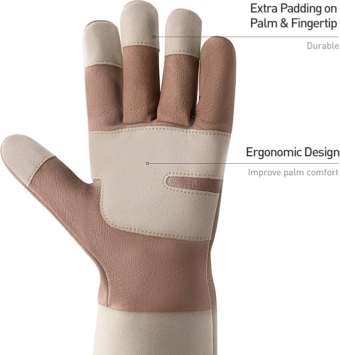 HANDLANDY Long Gardening Gloves for Men & Women, Thorn Proof Rose Pruning Gloves Leather Gauntlets Garden Glove Yard Work Glove (Small, Brown)