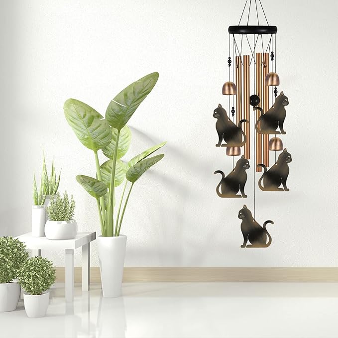 Bronze Cat Wind Chime, Gifts for Mom, Home, Garden, Balconies, Rooms, Patio, Indoor, Outdoor Cat Decoration, Cat Chimes, With 4 Aluminum Tubes 5 Cats Wind Chimes, Cat Wind Catcher, Cat Wind Bell Decor