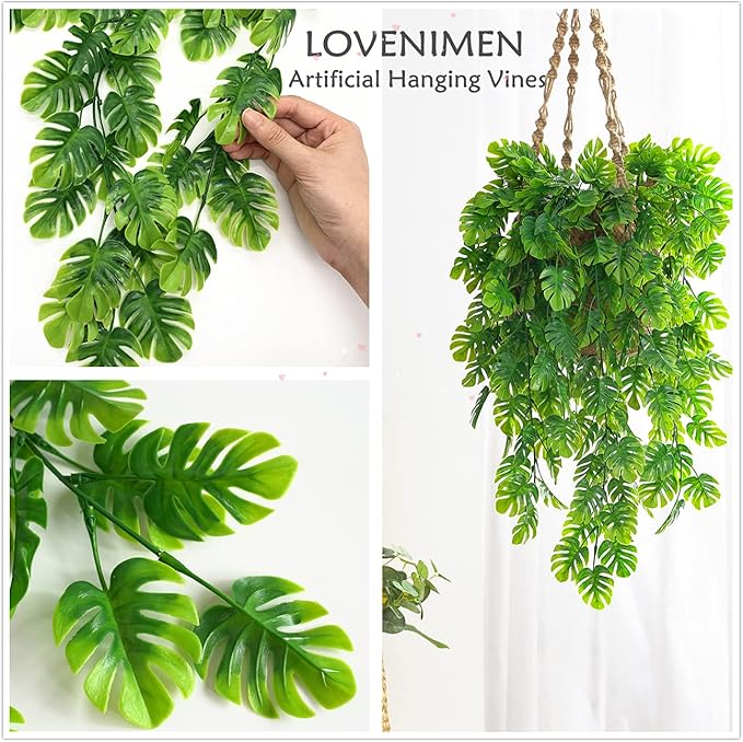 Artificial Hanging Vines 4 Pack, Fake Monstera Leafs Vine Ivy Jungle Leaf Plants Tropical Palm Leaves Rattan for Houseplants Indoor Home Kitchen Garden Outdoor Wall Wedding Decoration