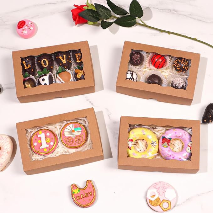 ROSPAKTEK 50pcs Brown Bakery Boxes 7x4.3x2 In - Perfect for Treats, Charcuterie & Festive Gifting (3 Major Holidays)
