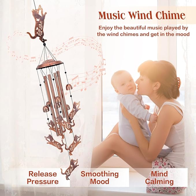 Cat Wind Chimes Outdoor Cat Gifts for Women Mom Men Dad Unique Birthday Gifts Metal WindChimes for Outside/Indoors, Patio, Lawn, Yard, Home Decor, Outdoor Decor, Garden Decorations